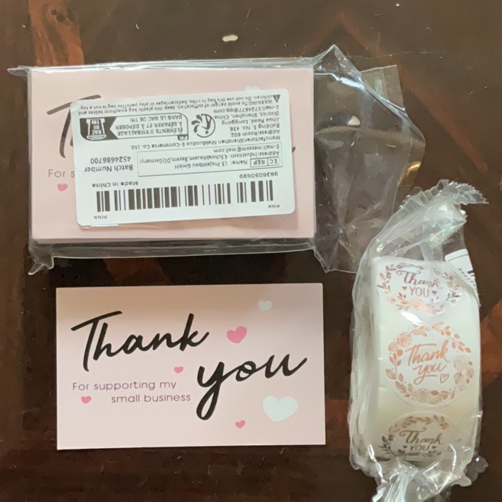 50 pink Thank you business cards and 500 1” thank you stickers
